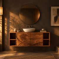 Floating vanity with carved breaking wave fronts and open cubbies at both ends in a dark bathroom at golden hour