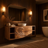 Floating vanity with carved breaking wave fronts and open cubbies at both ends in an evening bathroom with walnut wall paneling