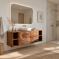 Floating vanity with carved breaking wave fronts and open cubbies at both ends in a Scandinavian bathroom with white walls
