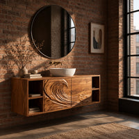 Floating vanity with carved breaking wave fronts and open cubbies at both ends in an industrial loft bathroom with exposed brick