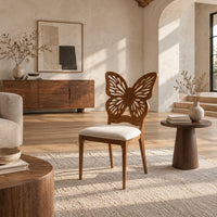 Chair with a pierced butterfly wing backrest and padded seat in a bright open plan living room