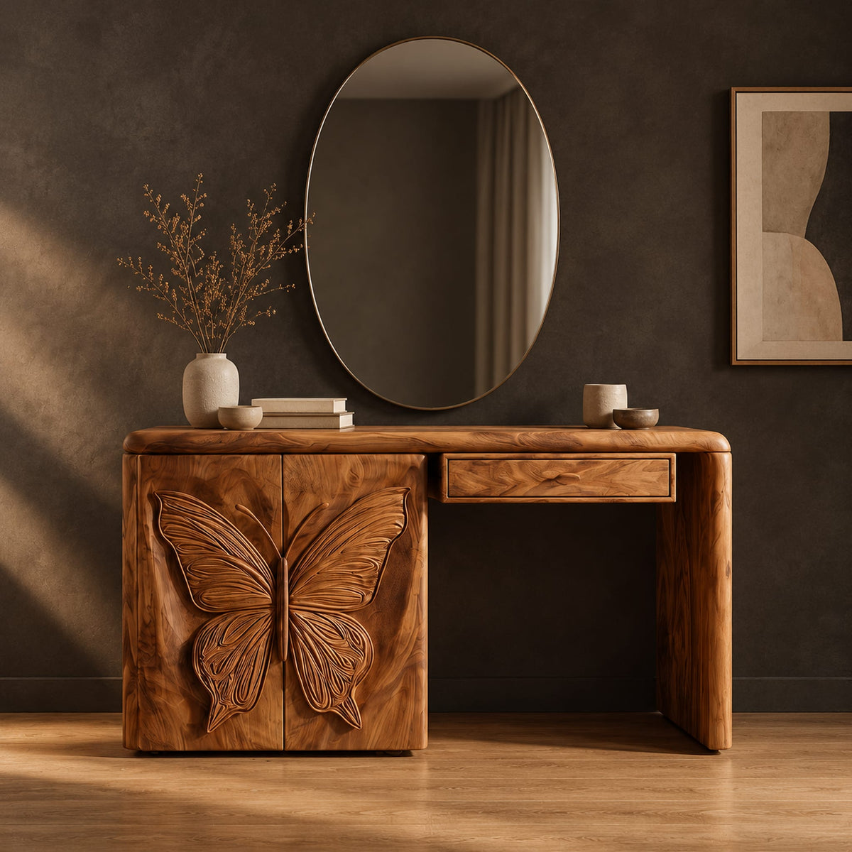 Desk style vanity with a butterfly carved cabinet and a single drawer in a dark studio against a charcoal plaster wall