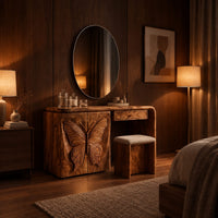 Desk style vanity with a butterfly carved cabinet and a single drawer in an evening bedroom with walnut wall paneling