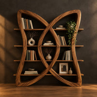 Butterfly shaped bookshelf made of two crossing loops with shelves in a dark studio against a charcoal plaster wall