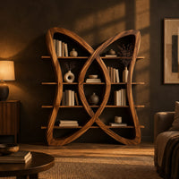 Butterfly shaped bookshelf made of two crossing loops with shelves in a dark living room at golden hour