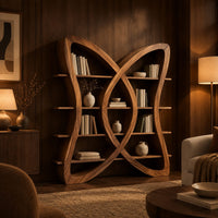 Butterfly shaped bookshelf made of two crossing loops with shelves in an evening living room with walnut wall paneling