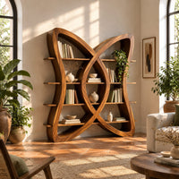 Butterfly shaped bookshelf made of two crossing loops with shelves in a bright living room with arched windows and plants