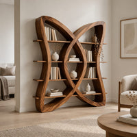 Butterfly shaped bookshelf made of two crossing loops with shelves in a Scandinavian living room with white walls