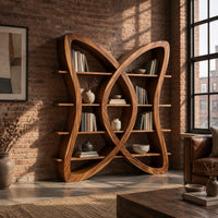 Butterfly shaped bookshelf made of two crossing loops with shelves in an industrial loft living room with exposed brick