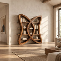Butterfly shaped bookshelf made of two crossing loops with shelves in a bright open plan living room