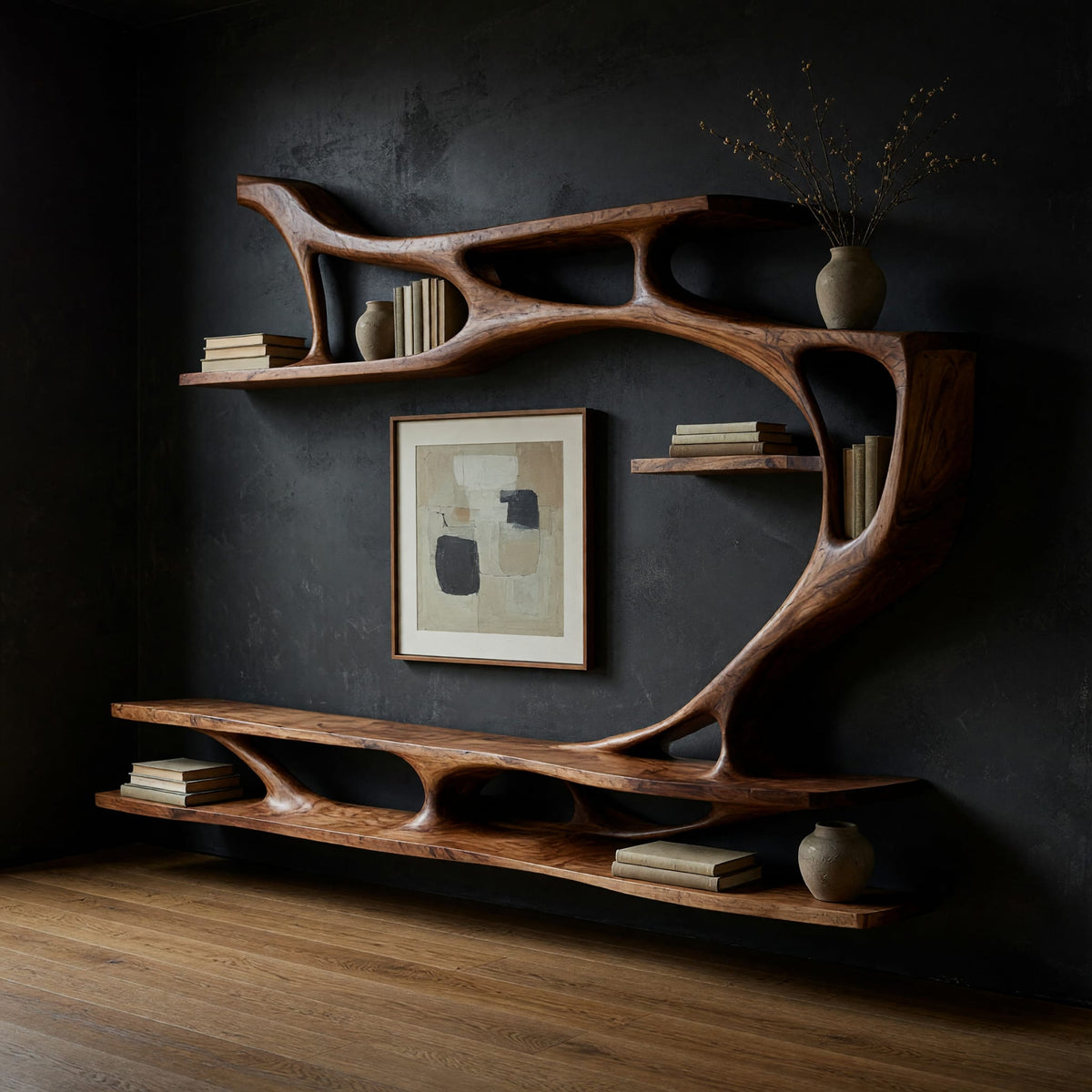 Branching wall TV shelf system in carved wood in a dark studio against a charcoal wall
