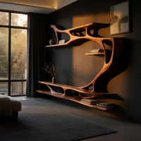 Branching wall TV shelf system in carved wood in a living room at golden hour