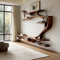 Branching wall TV shelf system in carved wood in a bright modern living room