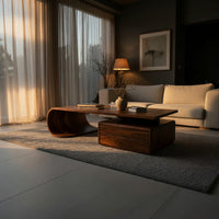 Cantilever coffee table with a two drawer box base in a living room at golden hour