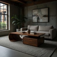 Cantilever coffee table with a two drawer box base in a concrete and timber loft