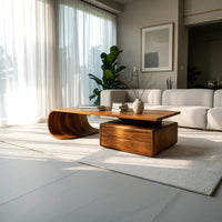 Cantilever coffee table with a two drawer box base in an open plan space in daylight