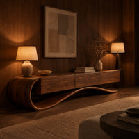 Cantilever tv stand with a long wooden body on a scrolled ribbon base in an evening living room with walnut wall paneling