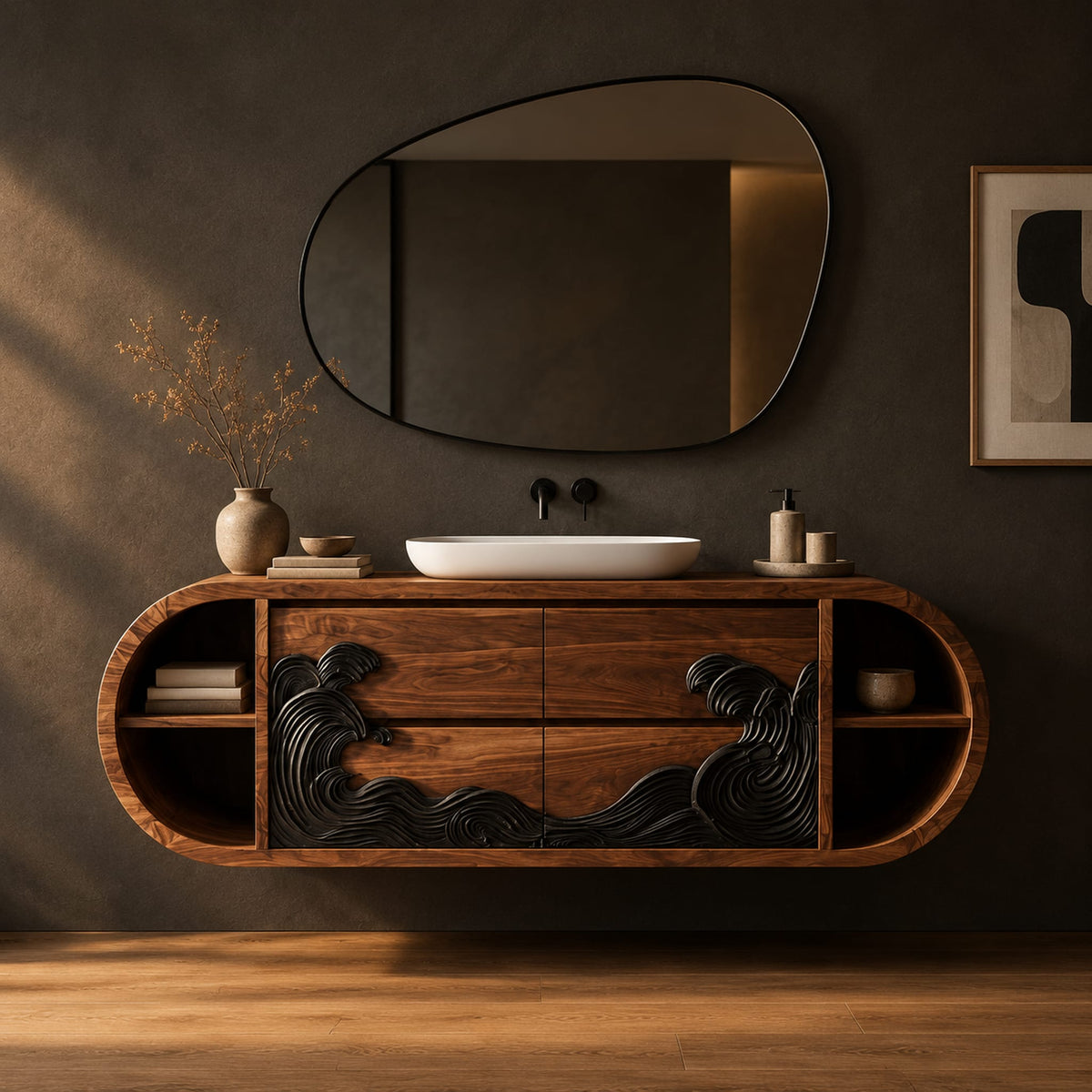 Pill shaped floating bathroom vanity with a black carved wave front in a dark studio against a charcoal plaster wall