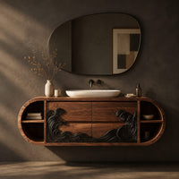 Corner detail of pill shaped floating bathroom vanity with a black carved wave front beside wood, brass and linen samples