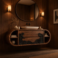 Pill shaped floating bathroom vanity with a black carved wave front in an evening bathroom with walnut wall paneling
