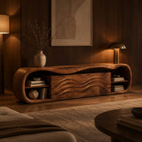 Capsule shaped tv stand with open end shelves and wave carved center panels in an evening living room with walnut wall paneling