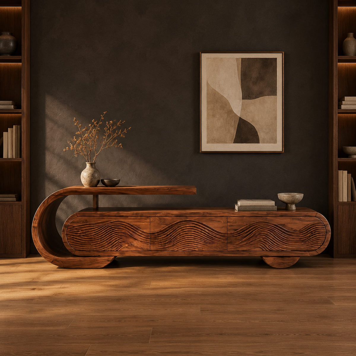 Capsule shaped tv stand with carved wave panels and a scroll end ledge in a dark studio against a charcoal plaster wall