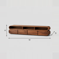 Capsule Shaped TV Stand With Curved Ends And Open Top Bays dimension diagram with width, height and depth