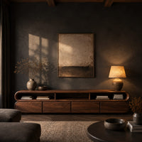 Capsule shaped tv stand with curved ends and open top bays in a dark living room at golden hour