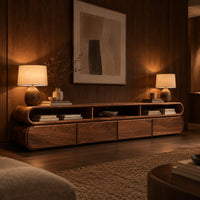 Capsule shaped tv stand with curved ends and open top bays in an evening living room with walnut wall paneling