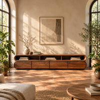 Capsule shaped tv stand with curved ends and open top bays in a bright living room with arched windows and plants
