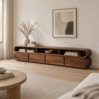 Capsule shaped tv stand with curved ends and open top bays in a Scandinavian living room with white walls