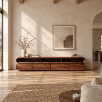 Capsule shaped tv stand with curved ends and open top bays in a bright open plan living room