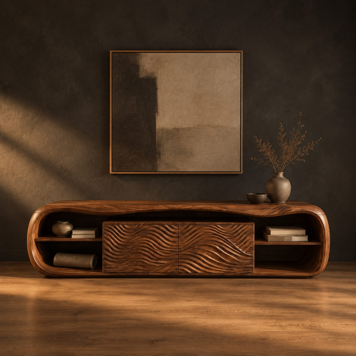 Low capsule shaped wooden tv stand with wave carved panels and open end shelves in a dark studio against a charcoal plaster wall