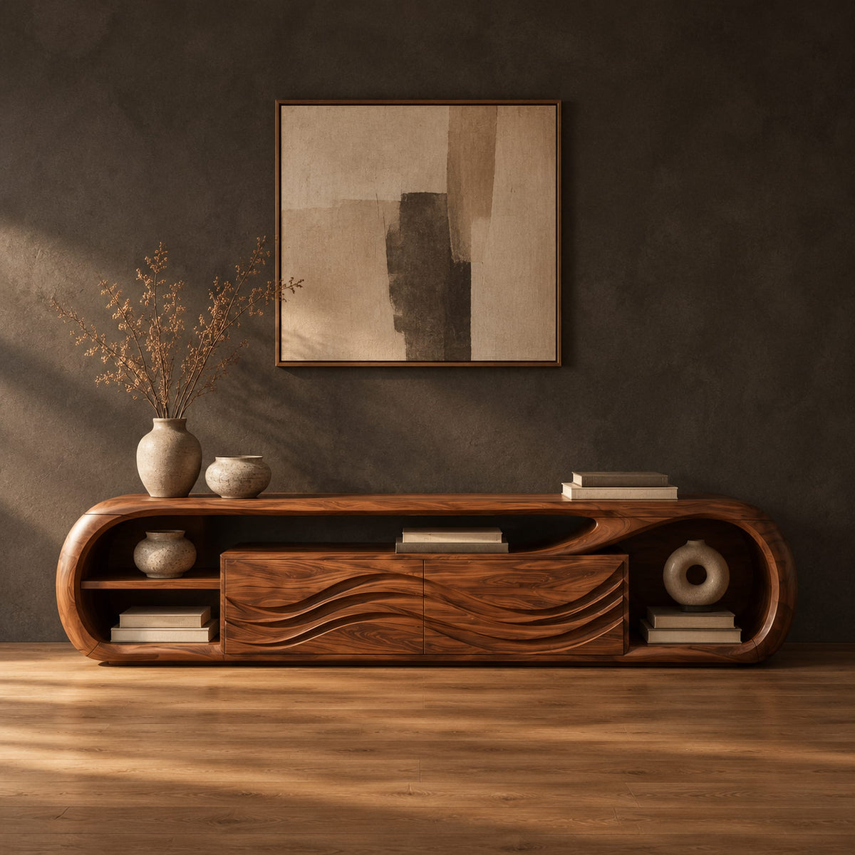 Capsule shaped tv stand with wave carved panels and open end shelves in a dark studio against a charcoal plaster wall