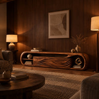 Capsule shaped tv stand with wave carved panels and open end shelves in an evening living room with walnut wall paneling