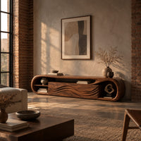 Capsule shaped tv stand with wave carved panels and open end shelves in an industrial loft living room with exposed brick