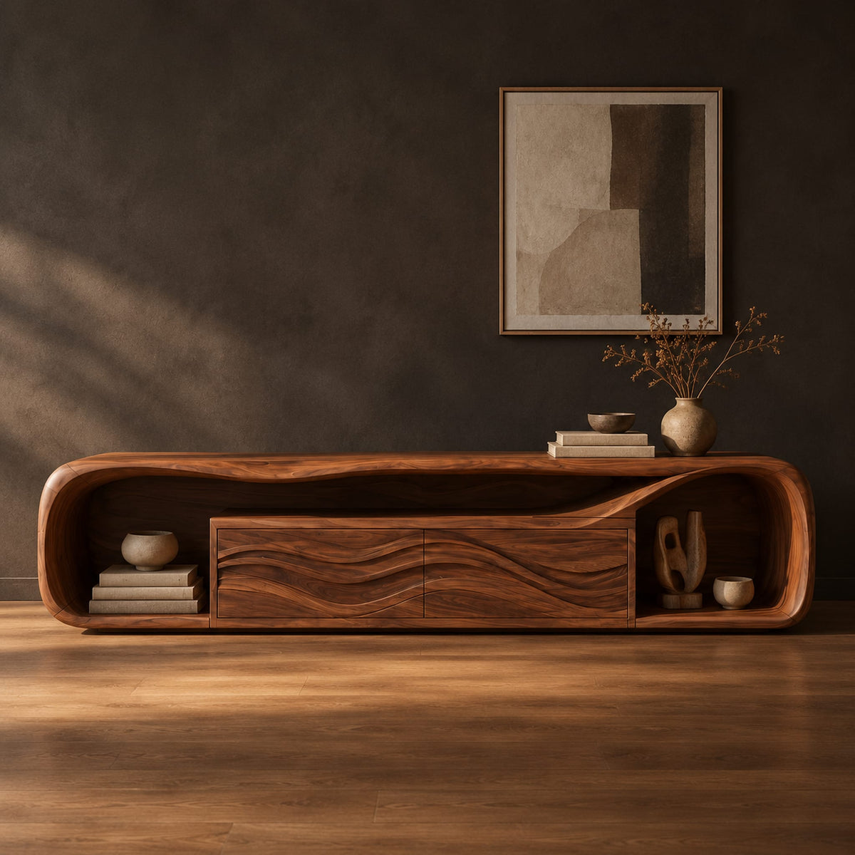 Capsule shaped media console with wave carved center panels and open end cubbies in a dark studio against a charcoal plaster wall