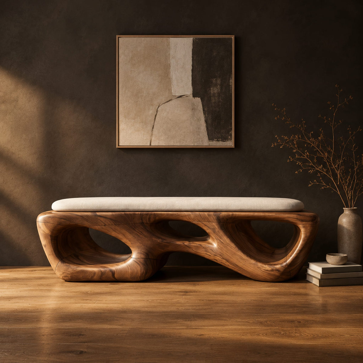 Chunky wooden bench with sculpted cutouts and a slim cream cushion on top in a dark studio against a charcoal plaster wall