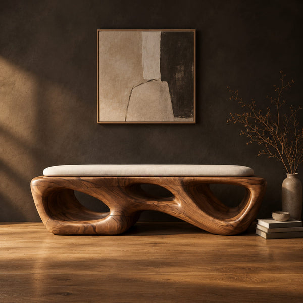Carved Block Bench With Irregular Cutouts And Cushioned Top
