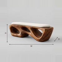 Carved Block Bench With Irregular Cutouts And Cushioned Top dimension diagram with width, height and depth