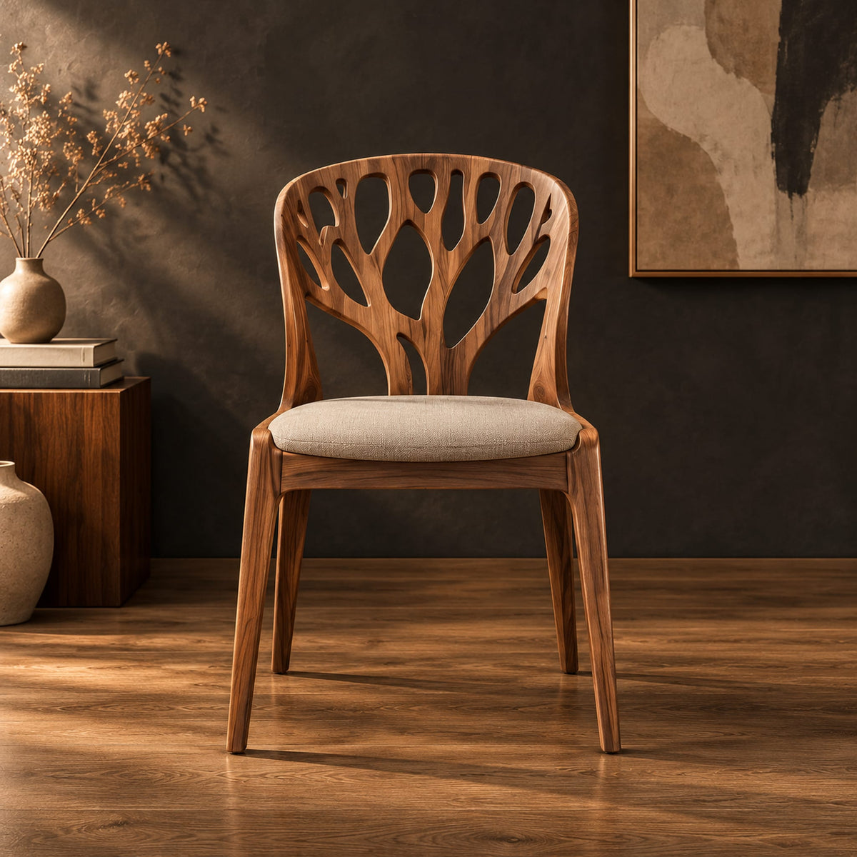 Wooden chair with a carved branch pattern back and a pale fabric seat in a dark studio against a charcoal plaster wall