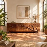 Tv stand with a carved branch relief across four front panels in a bright living room with arched windows and plants