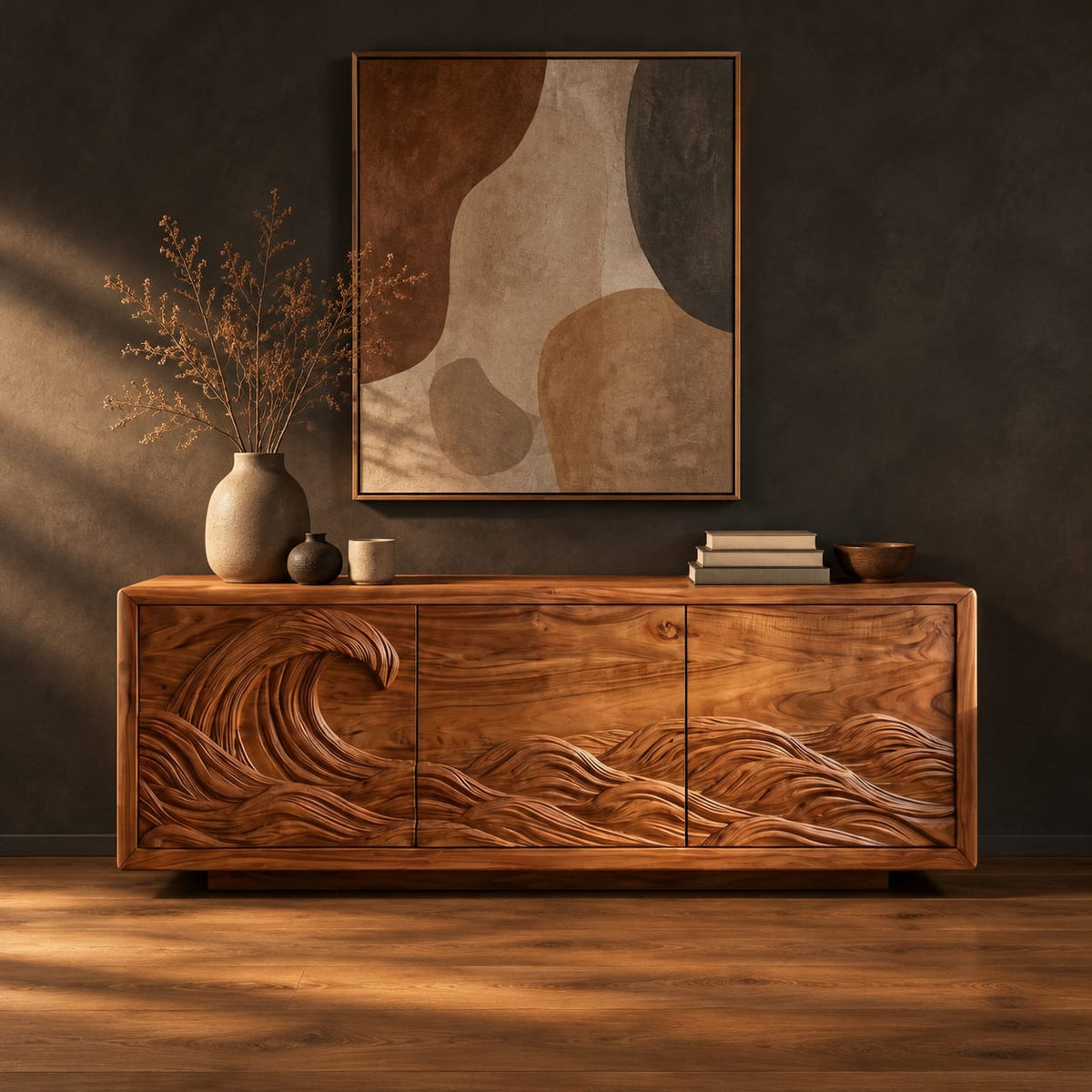 Sideboard with a breaking wave carved across three doors in a dark studio against a charcoal plaster wall