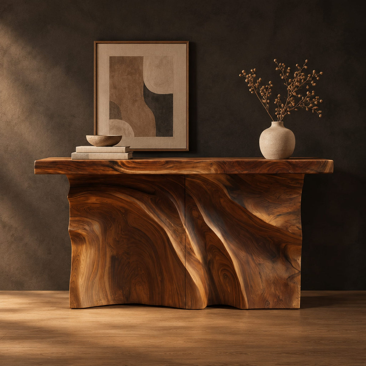Console table with a thick slab top over a carved body of flowing ridges in a dark studio against a charcoal plaster wall