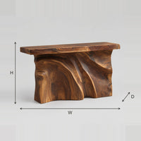 Carved Console Table With Flowing Grain Relief Body And Slab Top dimension diagram with width, height and depth