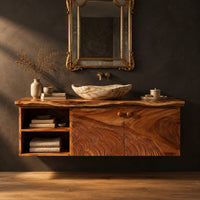 Floating cabinet with two carved contour doors and an open shelf bay in a dark studio against a charcoal plaster wall