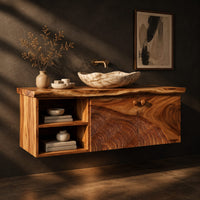 Floating cabinet with two carved contour doors and an open shelf bay, three-quarter view showing the grain