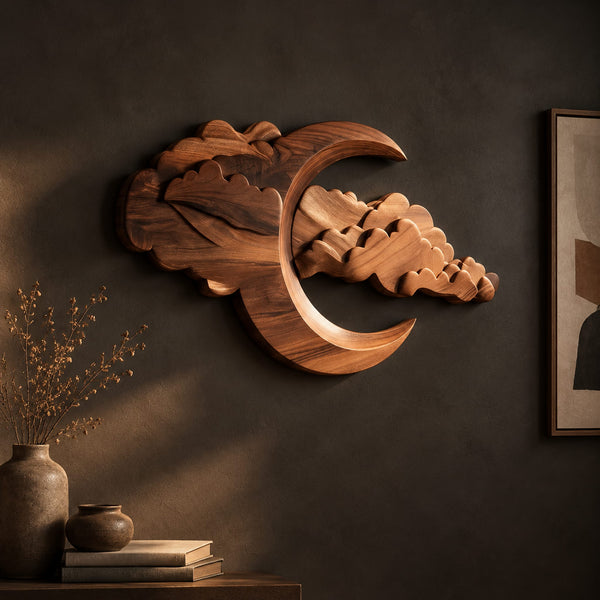 Carved Crescent Moon Cloud Wall Art, Layered Wood Relief