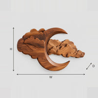 Carved Crescent Moon Cloud Wall Art, Layered Wood Relief dimension diagram with width and height
