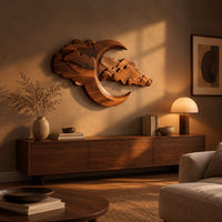Carved crescent moon wall art with a bank of layered scalloped clouds above a low console in an evening living room